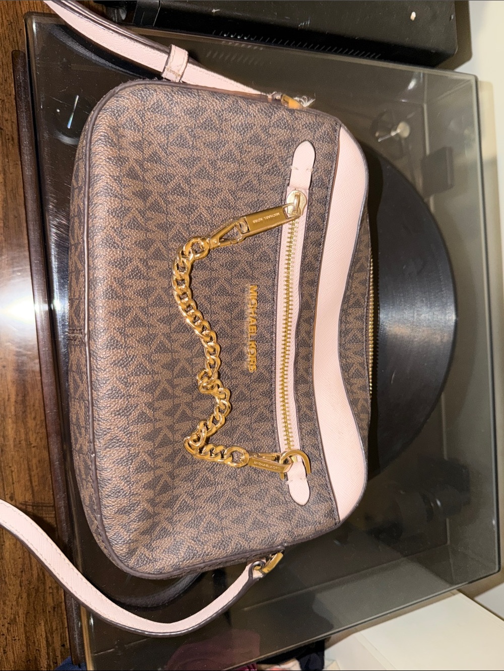 Michael Kors Brown Logo Crossbody with Pink Trim and Gold Chain